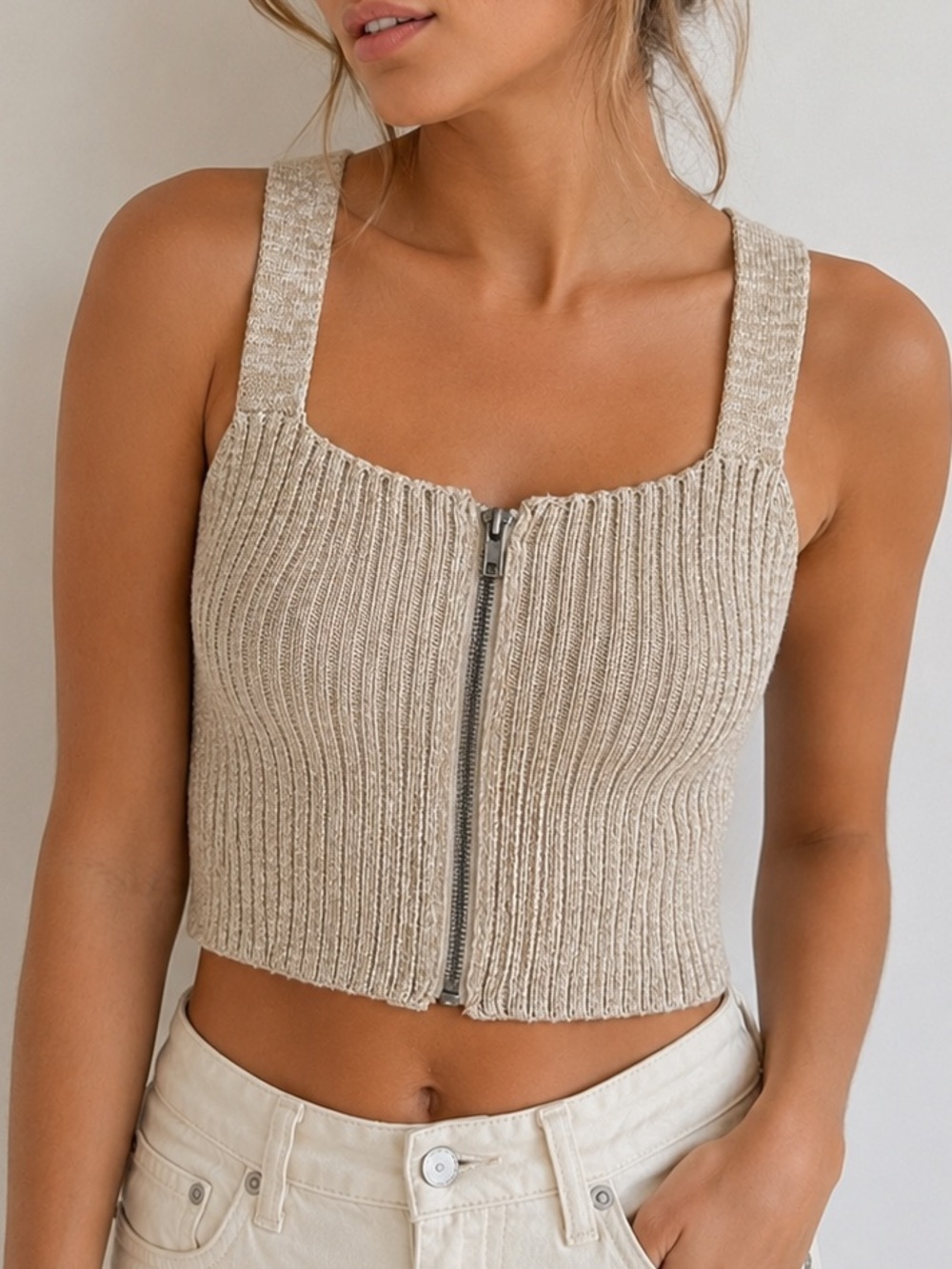 Silence + Noise Urban Outfitters Zip Front Knit Crop Top Cream S